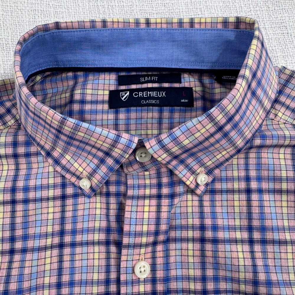 Cremieux Classics Mens L Slim Fit Short Sleeve Plaid Button Down Shirt Blue Pink